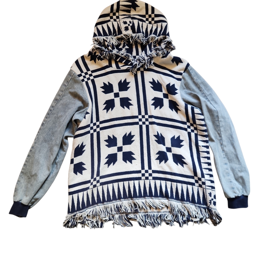 Blanket Hoodie Denim Sleeves Patterned Men's Hoodie Handmade - Picture 2 of 6